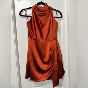 House of Harlow 1960 Womens Satin Halter Mini Dress Rust Burnt Orange
